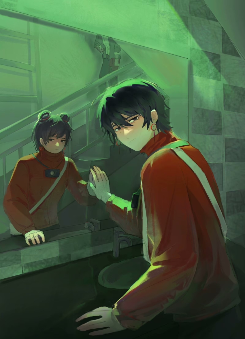 1girl, 2boys, black_eyes, black_hair, camera, camera_around_neck, checkered_wall, chinese_commentary