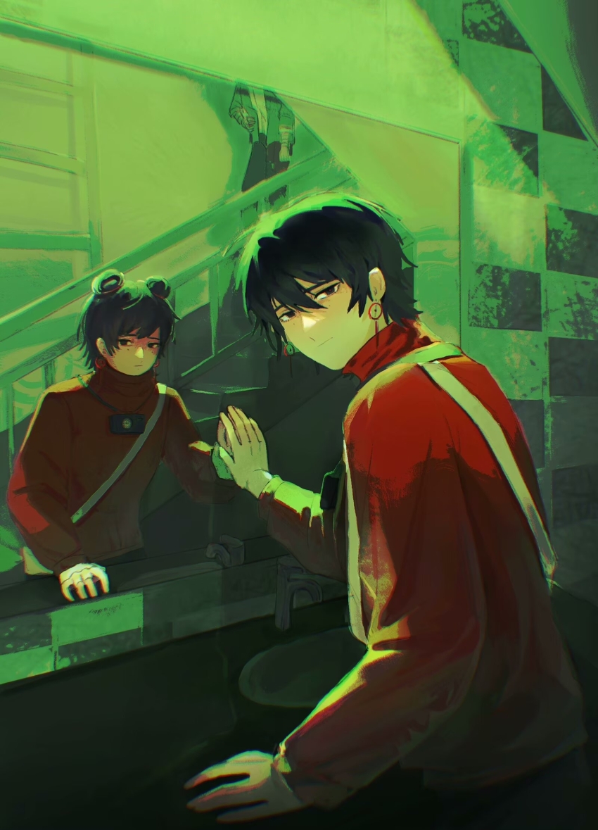 1girl, 2boys, black_eyes, black_hair, camera, camera_around_neck, checkered_wall, chinese_commentary