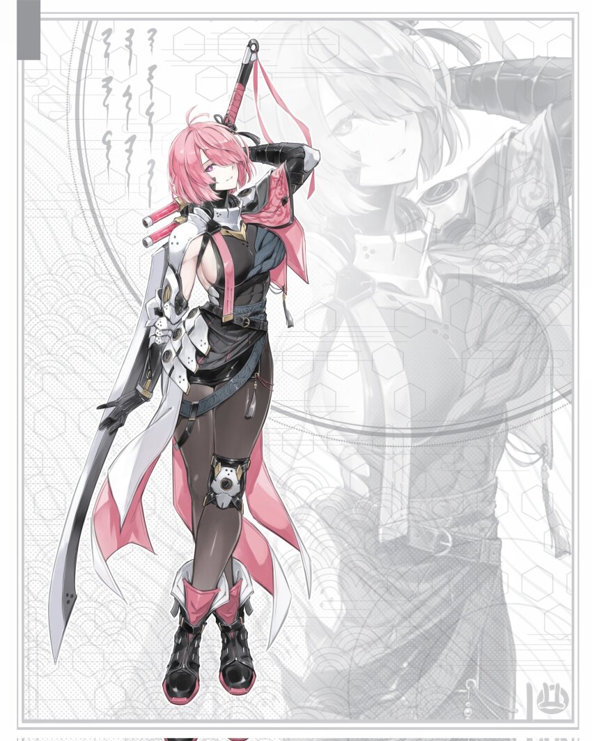 1girl, antenna_hair, armor, breasts, capelet, full_body, hair_over_one_eye, highres