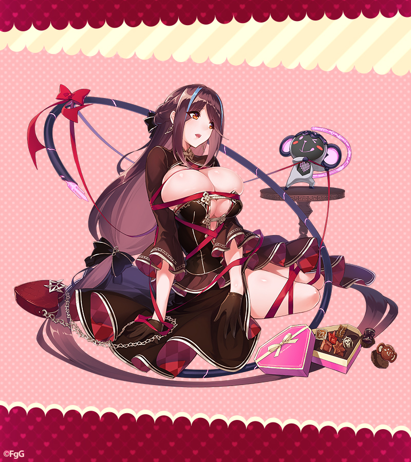 1girl, black_bow, bound, bow, breasts, brown_gloves, chocolate, commentary_request