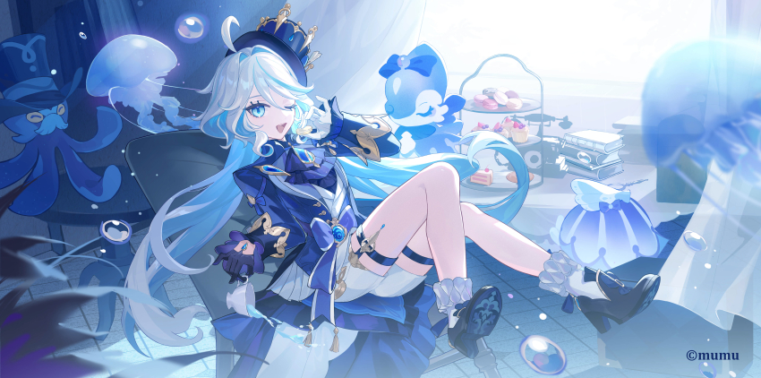 1girl, ;d, absurdres, ahoge, artist_name, ascot, asymmetrical_gloves, black_footwear, black_gloves, blue_ascot, blue_eyes, blue_hair, blue_hat, blue_jacket, blue_pupils, book, book_stack, bubble, cake, cake_slice, chair, commentary, cup, cupcake, drop-shaped_pupils, english_commentary, food, from_side, full_body, furina_(genshin_impact), genshin_impact, gentilhomme_usher, gloves, hair_between_eyes, hand_up, hat, high_heels, highres, holding, holding_cup, holding_macaron, hydro_symbol_(genshin_impact), jacket, jellyfish, light_blue_hair, long_hair, long_sleeves, looking_at_viewer, mademoiselle_crabaletta, mismatched_gloves, multicolored_hair, mumu123, one_eye_closed, open_mouth, ouji_fashion, shorts, sitting, smile, solo, streaked_hair, surintendante_chevalmarin, symbol-shaped_pupils, table, teacup, teeth, thigh_strap, tiered_tray, upper_teeth_only, very_long_hair, vision_(genshin_impact), white_gloves, white_hair, white_shorts