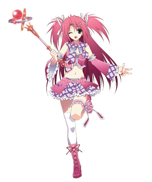 1girl, 5pb., asymmetrical_legwear, frilled_thigh_strap, female_focus, kneehighs, nail_polish, one_eye_closed