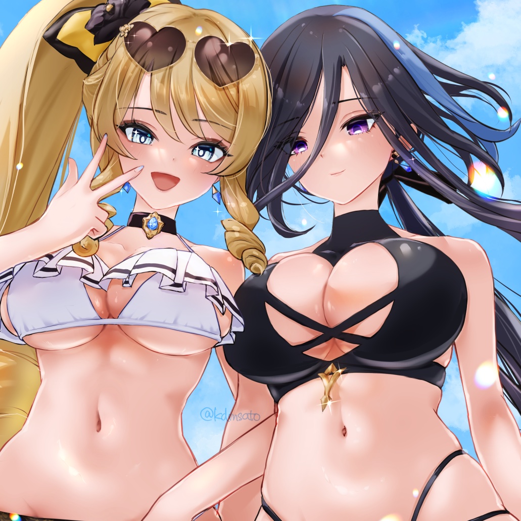 2girls, :d, alternate_costume, alternate_hairstyle, bikini, black_choker, black_hairband, blonde_hair