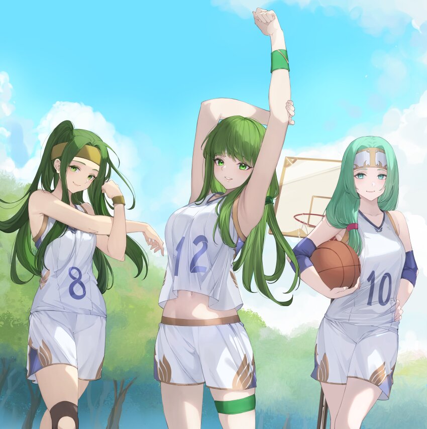 3girls, absurdres, ball, basketball_(object), basketball_court, basketball_hoop, basketball_jersey, basketball_uniform, blue_sky, cloud, commentary, english_commentary, fire_emblem, fire_emblem:_mystery_of_the_emblem, fire_emblem:_path_of_radiance, fire_emblem:_radiant_dawn, fire_emblem:_shadow_dragon_and_the_blade_of_light, fire_emblem:_the_sacred_stones, fire_emblem_heroes, green_eyes, green_hair, hairband, headband, highres, legband, long_hair, looking_at_viewer, midriff_peek, multiple_girls, nintendo, outdoors, palla_(fire_emblem), ritence, shirt, shorts, sigrun_(fire_emblem), sky, sleeveless, sleeveless_shirt, smile, sportswear, stretching, syrene_(fire_emblem), tree, white_shorts, wristband