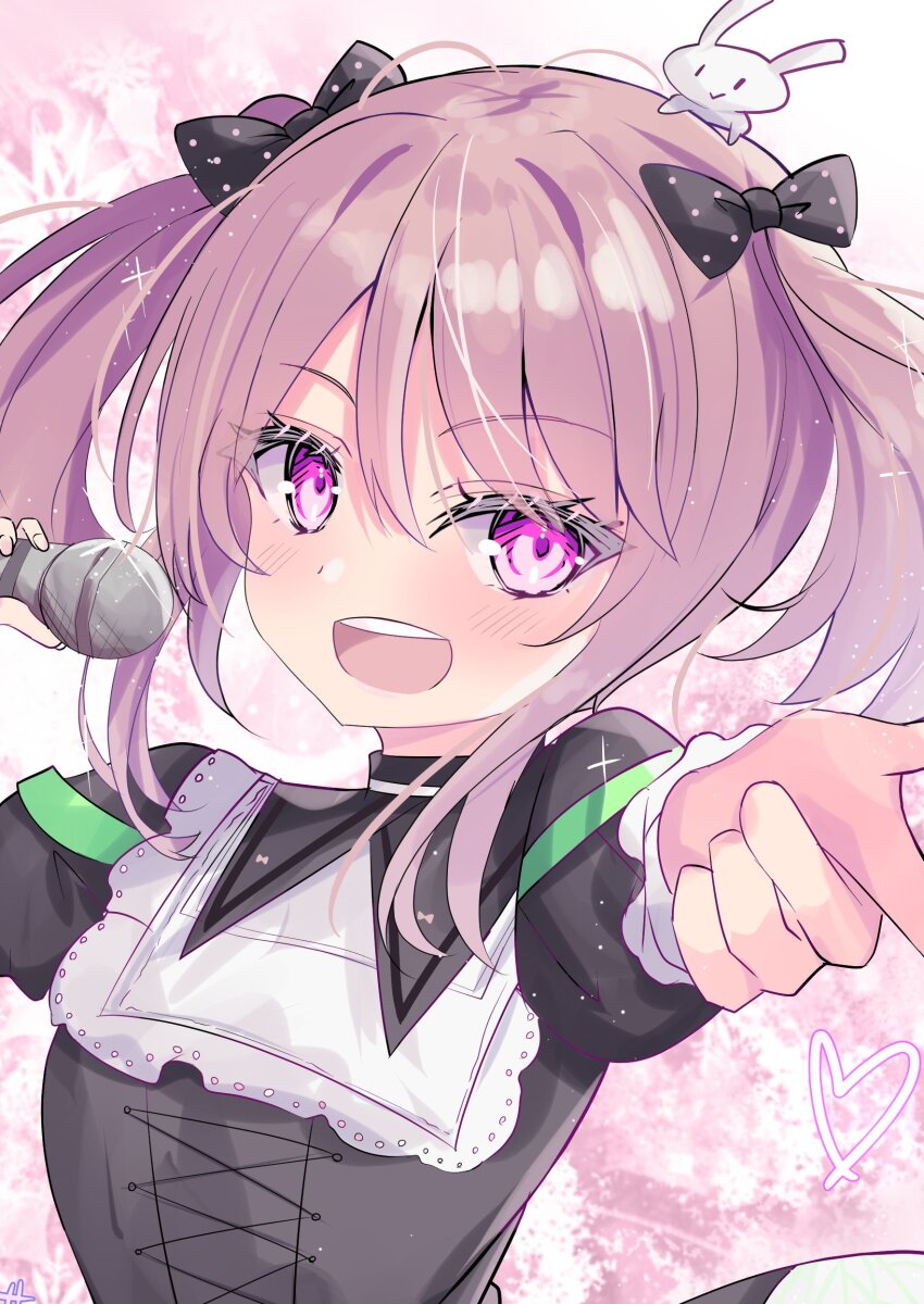 1girl, absurdres, alternate_costume, animal, animal_on_head, black_bow, black_bowtie, black_dress, bow, bowtie, commentary_request, commission, dress, highres, hizaka, kantai_collection, long_hair, medium_hair, microphone, on_head, open_mouth, pink_eyes, pink_hair, rabbit, rabbit_on_head, round_teeth, sazanami_(kancolle), sazanami_(round1)_(kancolle), skeb_commission, smile, solo, teeth, upper_body, upper_teeth_only