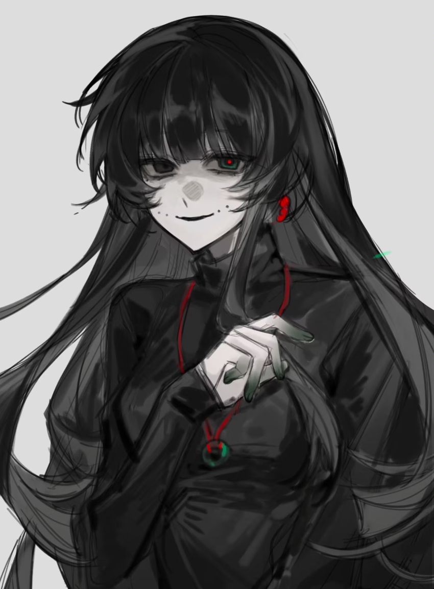 1girl, aosadekuermanpifa, black_eyes, black_hair, black_shirt, blunt_bangs, breasts, chinese_commentary