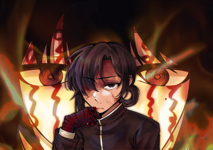 1boy, 1girl, bandaged_hand, bandages, black_eyes, black_hair, blood, blood_on_face