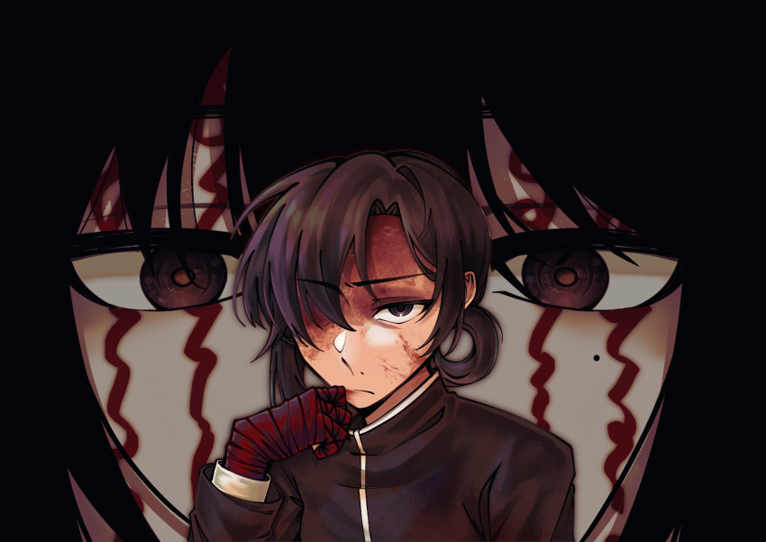 1boy, 1girl, bandaged_hand, bandages, black_eyes, black_hair, blood, blood_on_face