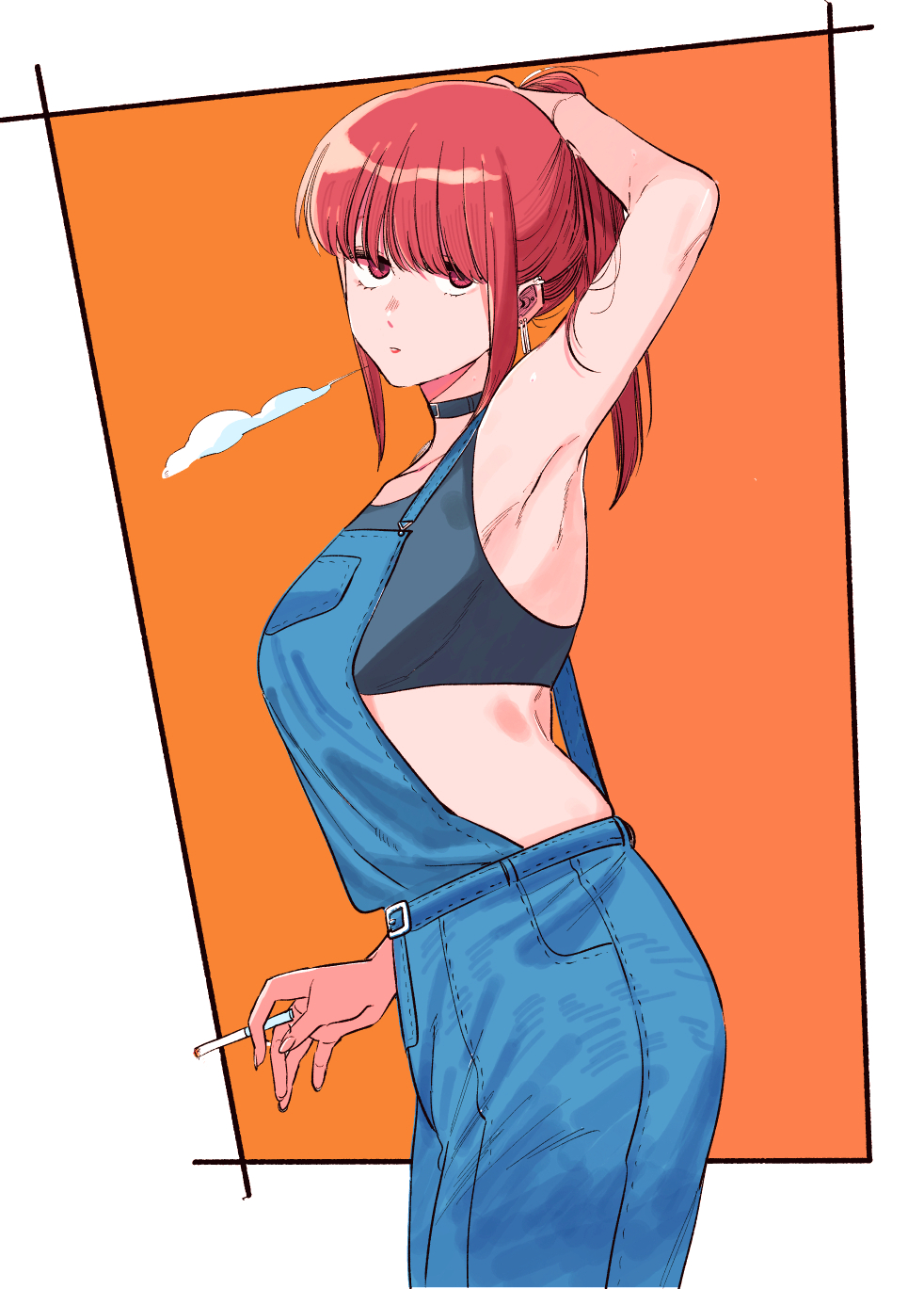 1girl, arm_up, armpits, black_bra, blowing_smoke, blue_overalls, blunt_bangs, bra