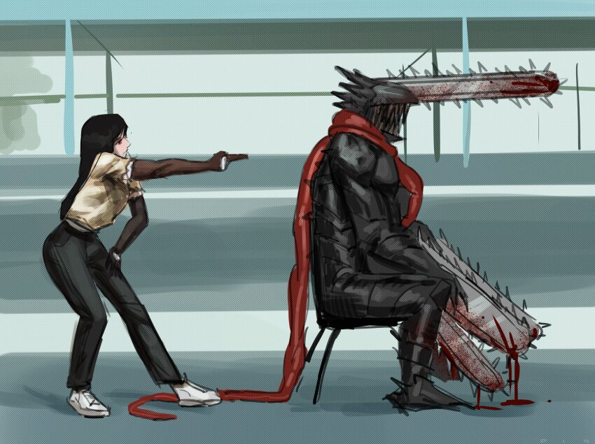1boy, 1girl, arondiolex, black_hair, black_pants, blood, bloody_weapon, chainsaw, chainsaw_devil, chainsaw_man, chair, finger_gun, highres, intestines, long_hair, pants, sharp_teeth, shirt, sitting, teeth, this_is_america, torn_clothes, torn_sleeves, weapon, white_footwear, white_shirt, yoru_(chainsaw_man)