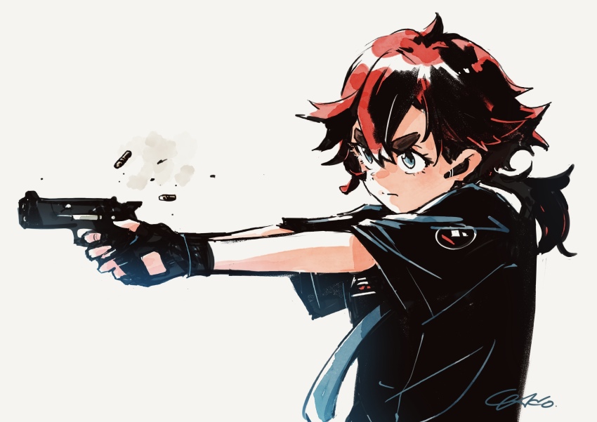 1girl, absurdres, alternate_costume, aqua_eyes, earpiece, fingerless_gloves, firing, gloves