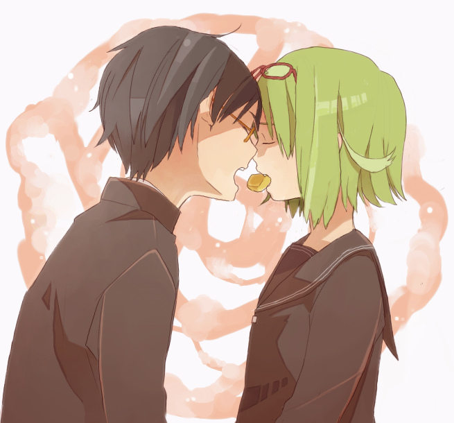 black_hair, cake, closed_eyes, food, glasses, green_hair, gumi, mouth_hold, short_hair, tokiya_(aha_may), vocaloid, yowamushi_mont-blanc_(vocaloid)