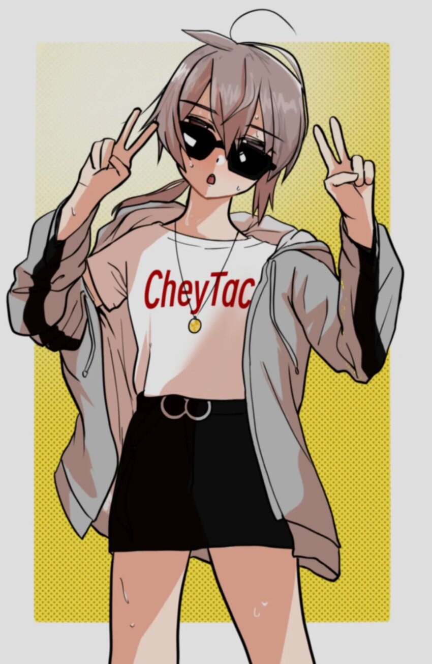 1girl, black_skirt, brown_hair, commentary, double_v, drawstring, girls'_frontline, grey_jacket, hair_between_eyes, hands_up, highres, hood, hood_down, hooded_jacket, jacket, korean_commentary, long_sleeves, low_ponytail, m200_(girls'_frontline), mil_kiss, open_clothes, open_jacket, parted_lips, ponytail, puffy_long_sleeves, puffy_sleeves, shirt, short_hair, skirt, solo, standing, sunglasses, sweat, v, white_shirt