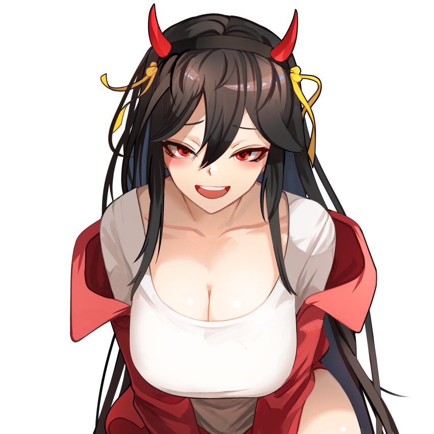 1girl, absurdres, black_hair, breasts, brown_dust_(series), brown_dust_2, cleavage, commission, fake_horns, grief_13, hair_between_eyes, highres, horns, jacket, large_breasts, leaning_forward, levia_(brown_dust), long_hair, looking_at_viewer, open_mouth, red_eyes, red_jacket, shirt, simple_background, smile, solo, teeth, track_jacket, upper_teeth_only, very_long_hair, white_background, white_shirt
