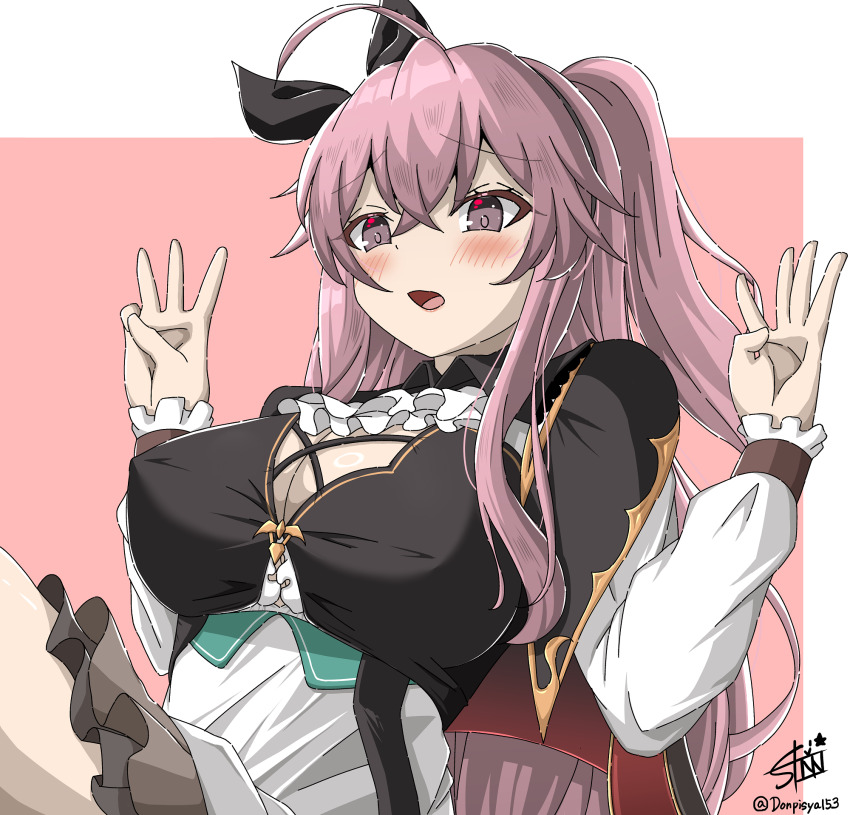 1girl, ahoge, azur_lane, black_bow, blush, bow, breasts, cleavage