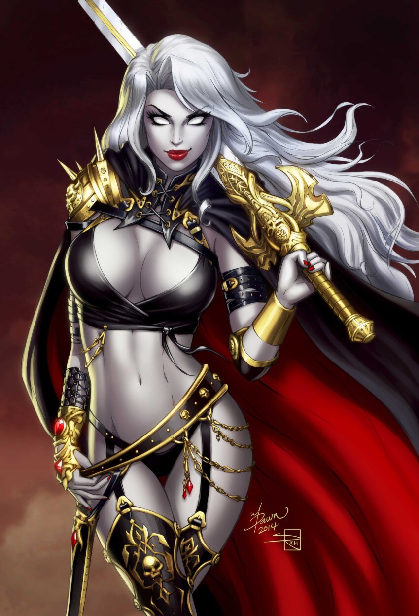 1girl, absurdres, armor, artist_collaboration, bikini_armor, black_bra, black_cape, black_garter_straps