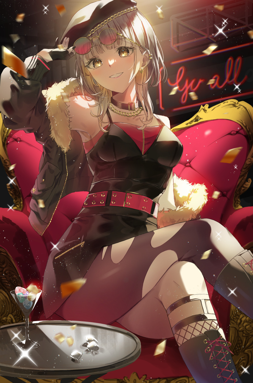 1girl, absurdres, azusawa_kohane, black_boots, black_collar, black_jacket, black_nails, black_pantyhose, black_shirt, black_skirt, boots, collar, collarbone, crossed_legs, ear_piercing, earrings, grey_hair, highres, indoors, jacket, jewelry, knee_boots, long_hair, long_sleeves, looking_at_viewer, miniskirt, nail_polish, necklace, open_clothes, open_jacket, pantyhose, piercing, project_sekai, round_eyewear, shirt, shirushi_06, sitting, skirt, sleeveless, sleeveless_shirt, solo, torn_clothes, torn_pantyhose, yellow_eyes