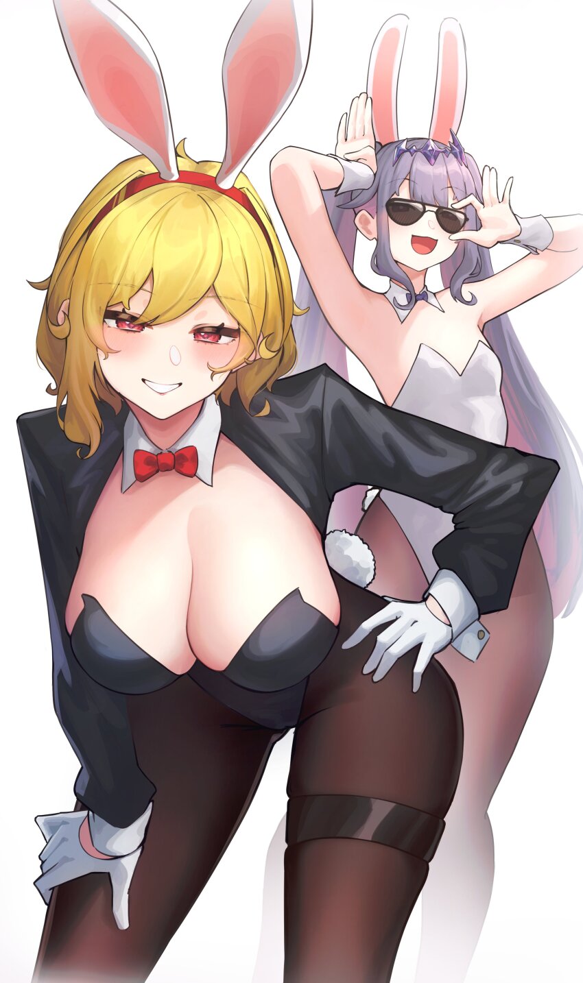 2girls, absurdres, alternate_costume, animal_ears, bad_id, bad_twitter_id, black_leotard, blonde_hair, blush, bow, bowtie, breasts, brown_pantyhose, commentary, detached_collar, fake_animal_ears, gem_hair_ornament, gloves, grey_hair, hairband, highleg, highleg_leotard, highres, hololive, hololive_english, hololive_indonesia, jacket, kaela_kovalskia, koseki_bijou, large_breasts, leotard, long_hair, looking_at_viewer, multiple_girls, open_clothes, open_jacket, open_mouth, pantyhose, parted_lips, playboy_bunny, rabbit_ears, red_eyes, red_hairband, short_hair, simple_background, smile, strapless, strapless_leotard, thigh_strap, traditional_bowtie, twintails, umamii, virtual_youtuber, white_background, white_gloves, white_leotard, wrist_cuffs