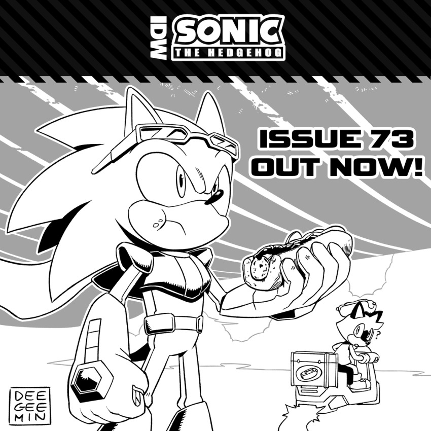 1boy, 1other, animal_ears, artist_name, barry_the_quokka, bodysuit, chili_dog, digimin, eyewear_on_head, food, greyscale, hedgehog_boy, highres, holding, holding_food, monochrome, official_art, phantom_rider_(sonic), scarf, sonic_(series), sonic_the_hedgehog, sonic_the_hedgehog_(idw), sunglasses