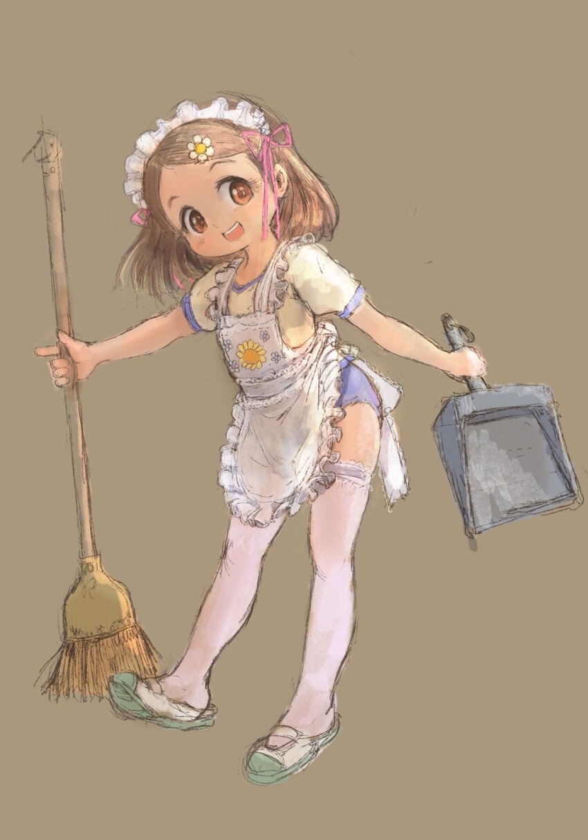 1girl, apron, broom, brown_background, brown_eyes, brown_hair, dustpan, frilled_apron