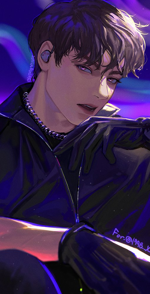 1boy, black_gloves, black_jacket, blackbox_(blackbox9158), blue_background, brown_hair, gloves, hair_between_eyes, hashtag-only_commentary, jacket, k-pop, looking_at_viewer, male_focus, open_mouth, purple_background, purple_eyes, real_life, seventeen_(group), short_hair, solo, vernon_(seventeen)