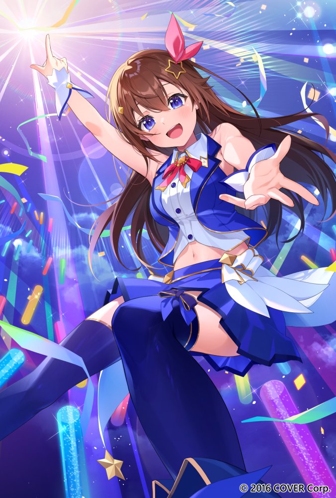 1girl, :d, arm_up, blue_eyes, blue_footwear, blue_ribbon, blue_skirt, blue_thighhighs