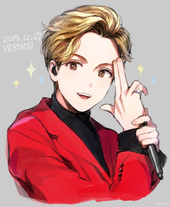 1boy, artist_name_(singer), brown_eyes, buttons, commentary_request, dated, eno_bw, grey_background, hair_slicked_back, jacket, jewelry, k-pop, korean_commentary, male_focus, real_life, red_jacket, ring, seventeen_(group), short_hair, simple_background, smile, solo, sparkle, teeth, upper_body, upper_teeth_only, vernon_(seventeen)