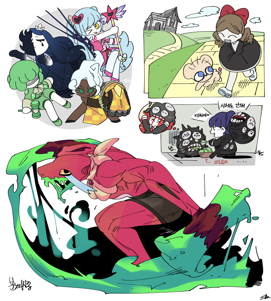 1other, 5girls, black_eyes, blindfold, blood, blue_hair, bow, brown_hair