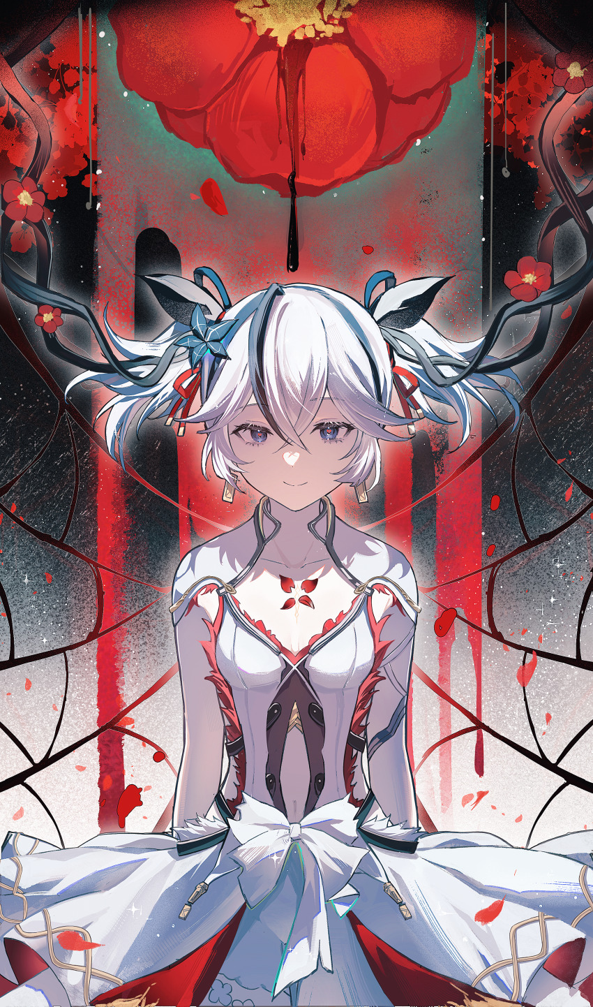 1girl, absurdres, bare_arms, black_flower, blue_eyes, bow, breasts, camellia, camellya_(wuthering_waves), cangxxx, chinese_commentary, cleavage, clothing_cutout, collarbone, commentary, crossed_bangs, dress, earrings, flower, gold_earrings, hair_flower, hair_ornament, hair_vines, highres, jewelry, looking_at_viewer, multicolored_hair, navel, navel_cutout, red_flower, short_hair, short_twintails, sideless_dress, small_breasts, smile, solo, stomach, straight-on, streaked_hair, twintails, upper_body, waist_bow, white_dress, white_hair, wuthering_waves