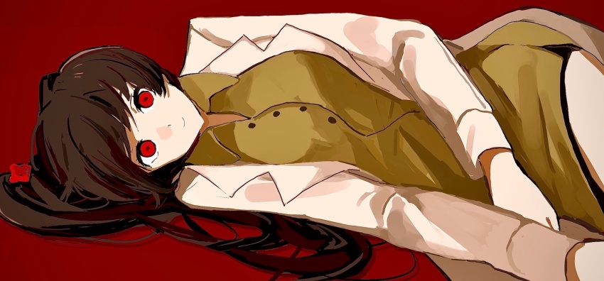 1girl, brown_hair, carmen_(project_moon), coat, collared_shirt, green_shirt, highres, lab_coat, lobotomy_corporation, long_sleeves, looking_at_viewer, lying, on_side, project_moon, rai_(r2718281), red_background, red_eyes, shirt, simple_background, solo, white_coat