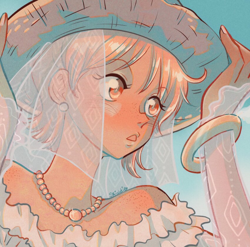 1girl, blue_sky, bracelet, commentary, dress, earrings, freckles, hat, highres, jewelry, looking_to_the_side, nami_(one_piece), necklace, one_piece, one_piece:_clockwork_island_adventure, open_mouth, orange_eyes, orange_hair, pearl_earrings, redrawn, see-through_clothes, see-through_sleeves, short_hair, skialdi, sky, solo, straw_hat, untranslatable_commentary, upper_body, veil, wedding_dress, white_dress