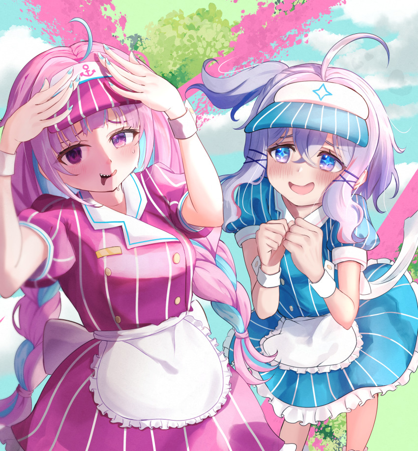 +_+, 2girls, ahoge, alternate_costume, amane_kanata, apron, blue_dress, blue_eyes
