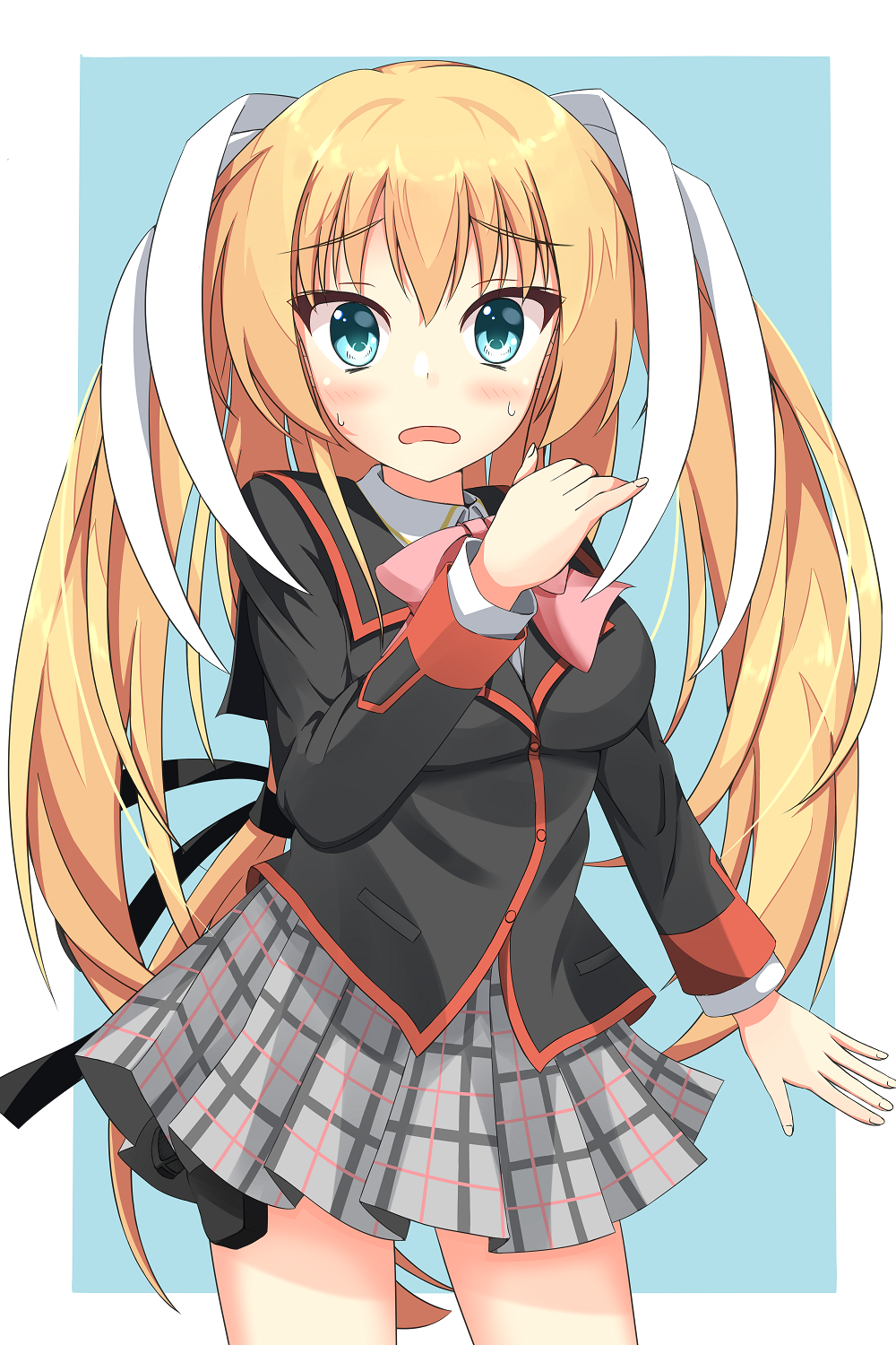 1girl, aqua_eyes, black_jacket, blonde_hair, blue_background, blush, border, bow