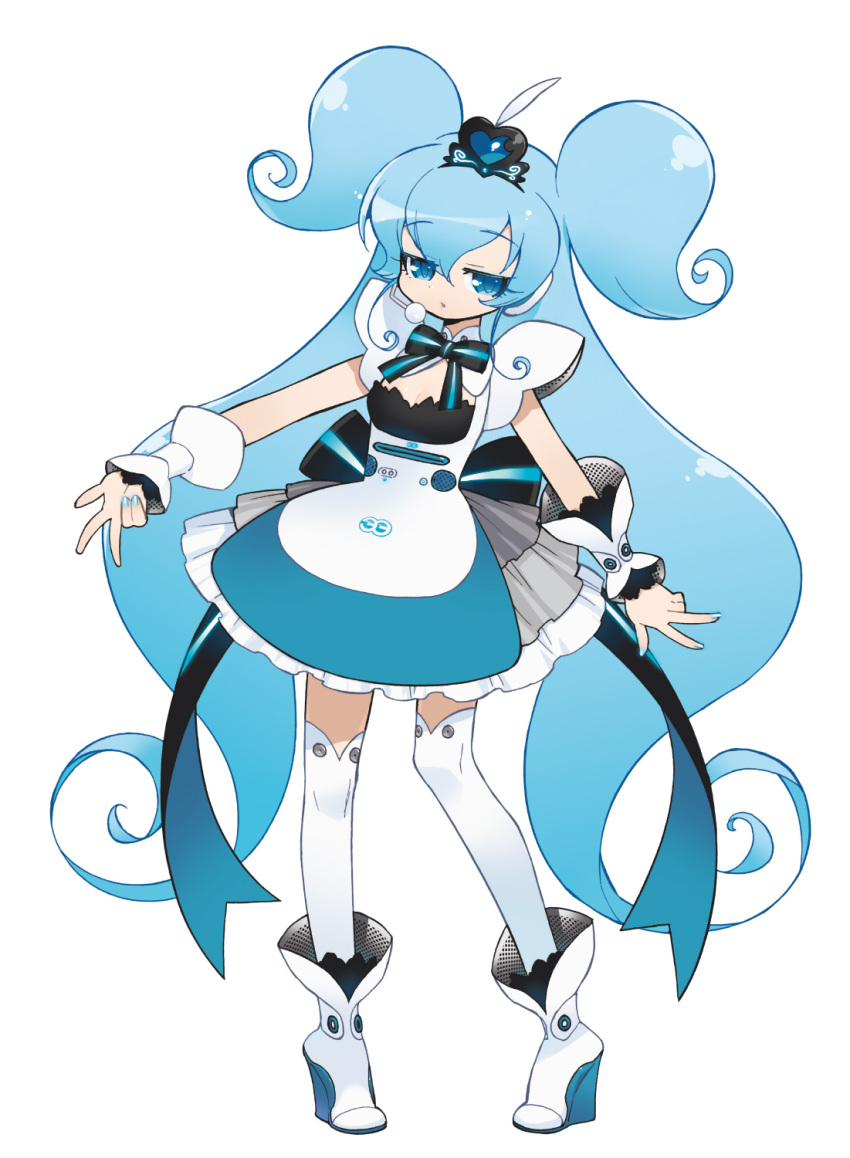 1girl, akatsuki_gomoku, ankle_boots, apple_inc., apron, blue_eyes, blue_hair, boots, bow, chibi, cleavage_cutout, clothing_cutout, eyeshadow, frills, gathers, hair_ornament, half_updo, headphones, headset, highres, long_hair, macintosh, macne_nana_(sasayaki), macne_sasa, macne_series, makeup, nail_polish, short_twintails, thighhighs, tiara, twintails, two_side_up, very_long_hair, whisper_angel_sasayaki, white_thighhighs, wrist_cuffs