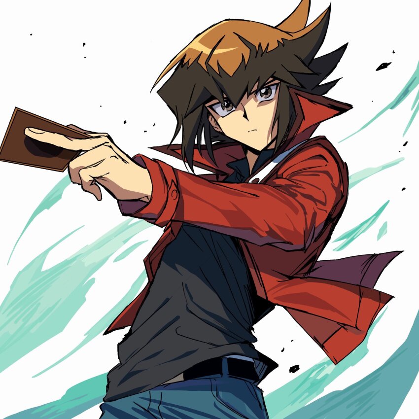 1boy, black_shirt, blue_pants, brown_eyes, brown_hair, card, cowboy_shot, denim