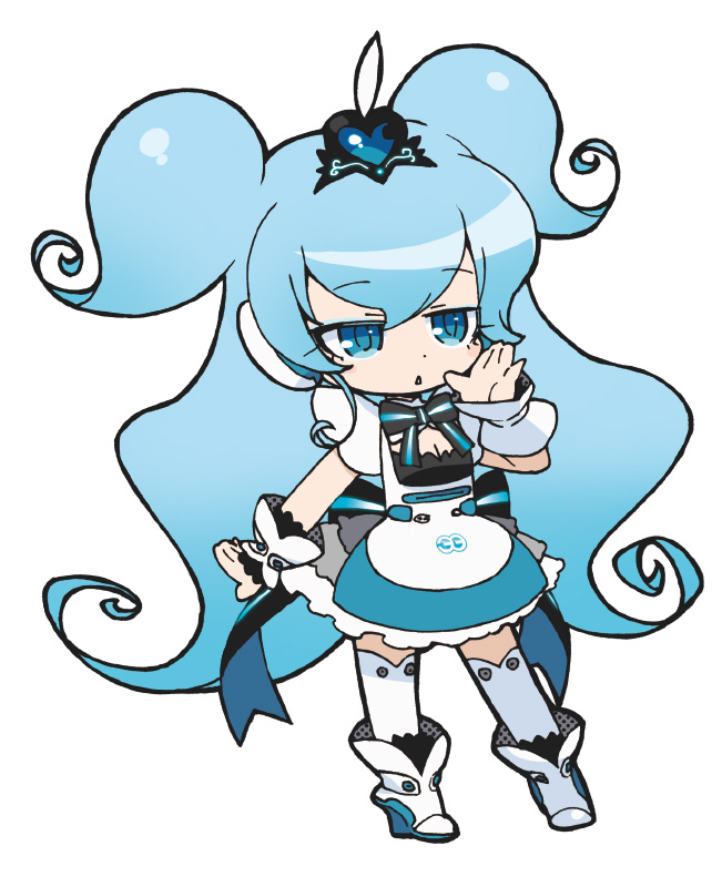 1girl, akatsuki_gomoku, ankle_boots, apple_inc., apron, blue_eyes, blue_hair, boots