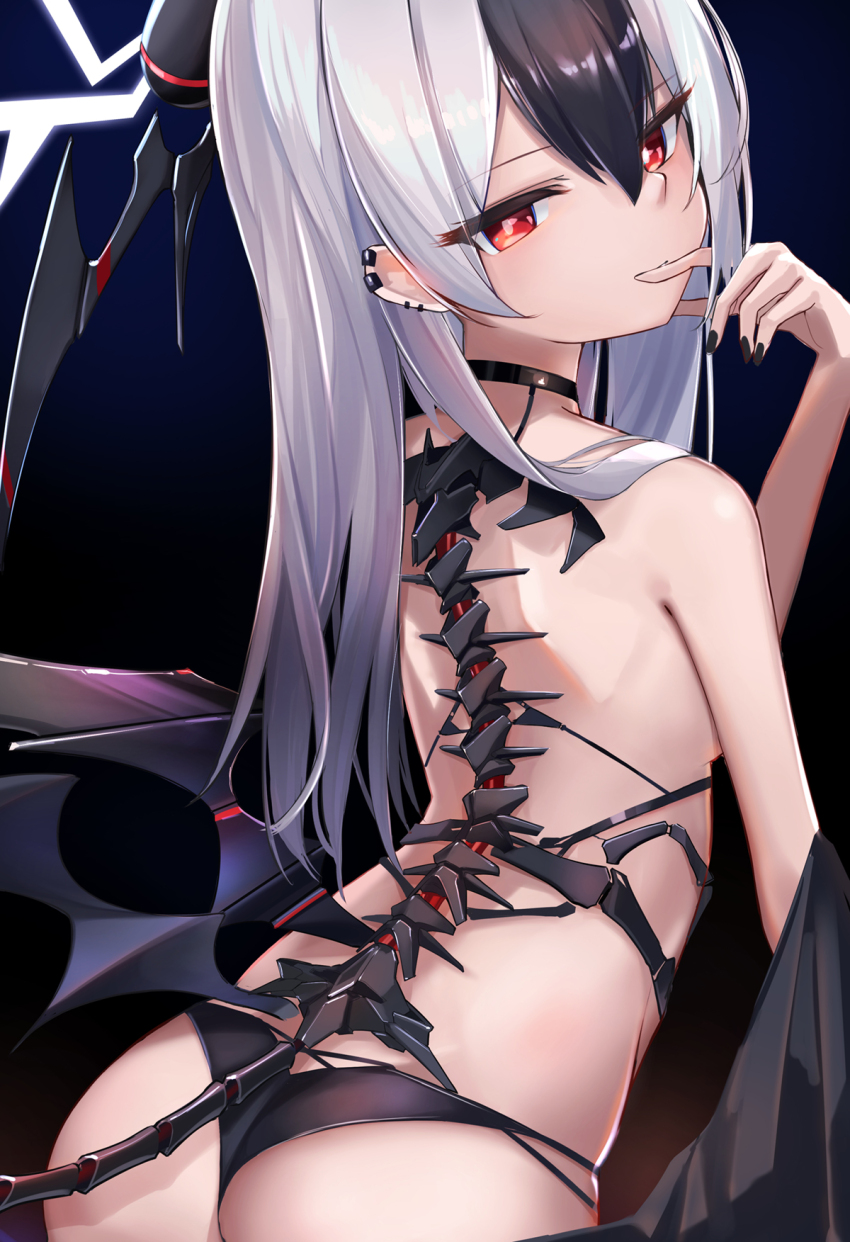 1girl, barbell_piercing, bikini, black_background, black_bikini, black_choker, black_hair, black_nails