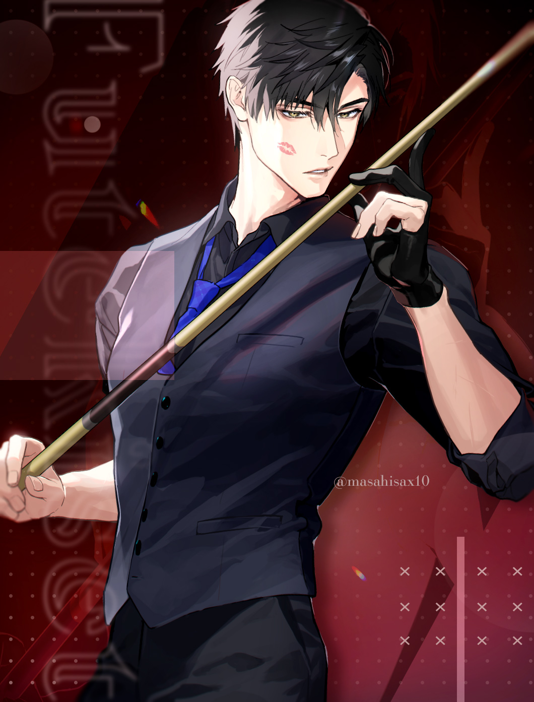 1boy, black_gloves, black_hair, black_pants, black_shirt, black_vest, blue_necktie, brown_eyes