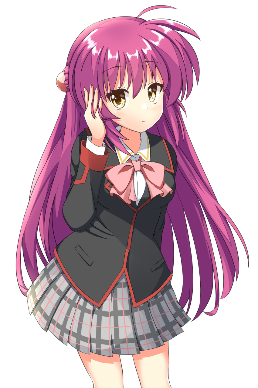 1girl, ahoge, arm_at_side, black_jacket, blush, bow, closed_mouth, collared_shirt