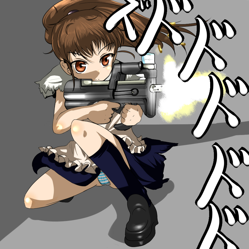 1girl, apron, bad_id, bad_pixiv_id, brown_eyes, brown_hair, bullpup, cameltoe, casing_ejection, female_focus, firing, gun, gunslinger_girl, holding, holding_gun, holding_weapon, horizontal_magazine, long_hair, mikage_yayoi, muzzle_flash, p90, panties, parody, personal_defense_weapon, ponytail, shell_casing, skirt, solo, striped_clothes, striped_panties, style_parody, submachine_gun, taneshima_popura, torn_clothes, underwear, waitress, weapon, working!!