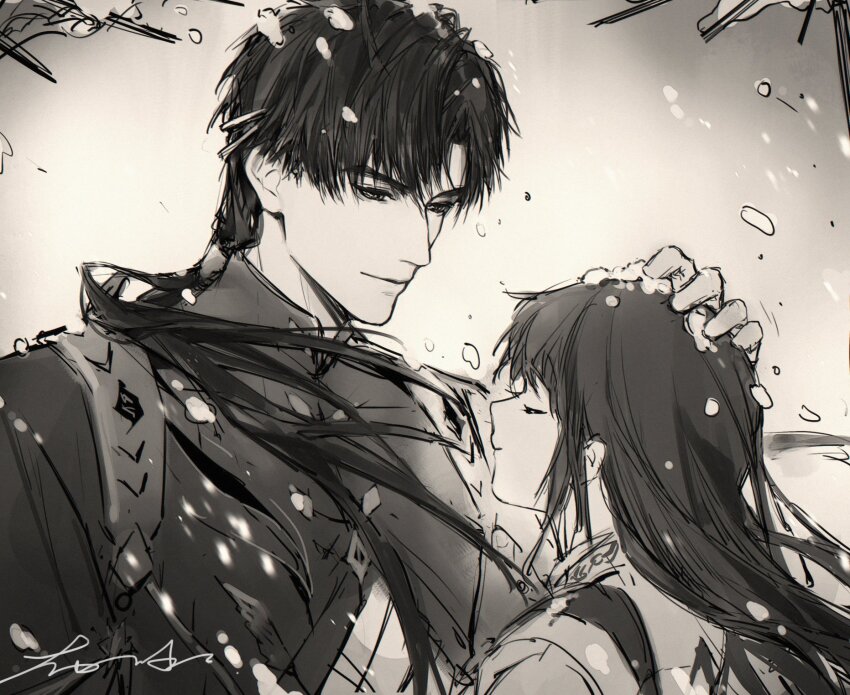 1boy, 1girl, bubing, closed_eyes, couple, greyscale, hand_on_another's_head, height_difference, hetero, highres, light_smile, lips, long_hair, looking_at_another, love_and_deepspace, low_ponytail, monochrome, ponytail, protagonist_(love_and_deepspace), snow, snowing, zayne_(love_and_deepspace)