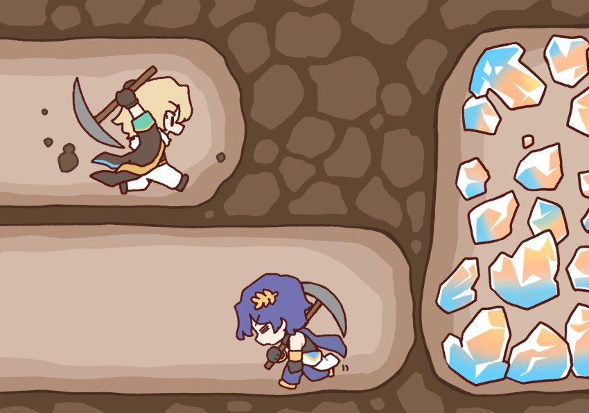 aventurine_(honkai:_star_rail), black_footwear, black_gloves, blonde_hair, blue_hair, digging, digging_for_diamonds_(meme), dorkdragoon