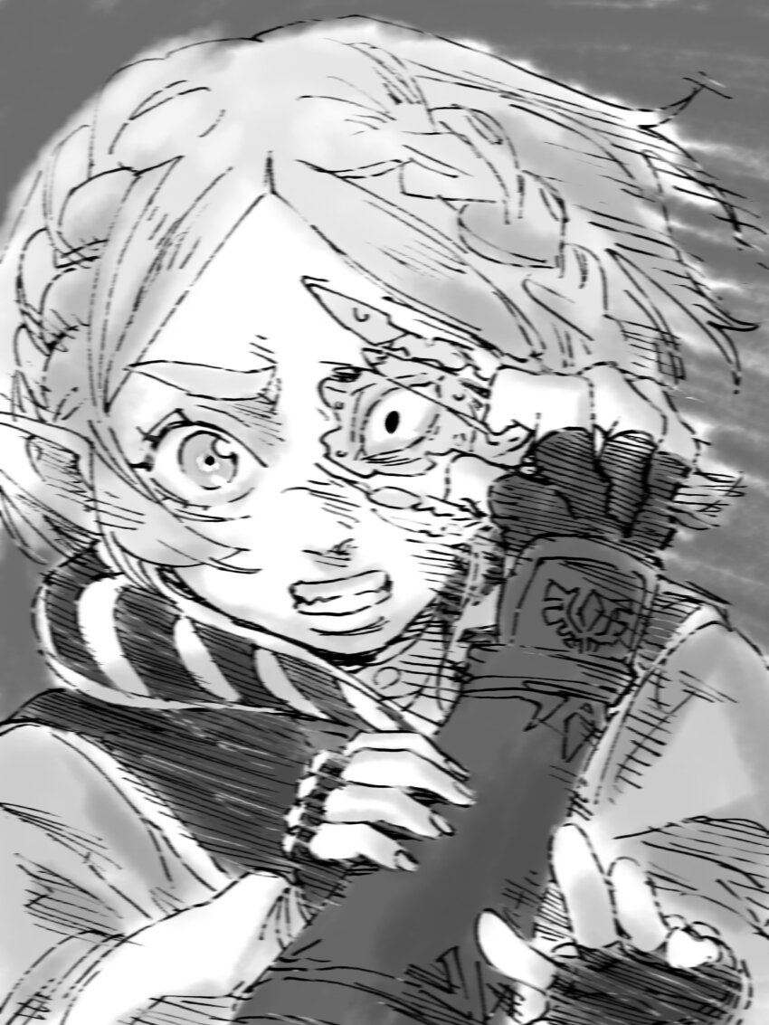 2boys, absurdres, braid, chouson, clenched_teeth, cosplay, disguise, fingerless_gloves, gloves, greyscale, hair_behind_ear, hand_on_another's_arm, highres, link, looking_at_viewer, mask, monochrome, motion_blur, motion_lines, multiple_boys, nintendo, open_hand, parted_bangs, pointy_ears, portrait, pov, princess_zelda, princess_zelda_(cosplay), ripping, short_hair, teeth, the_legend_of_zelda, the_legend_of_zelda:_tears_of_the_kingdom, torn_mask, wide-eyed, yiga_clan_footsoldier