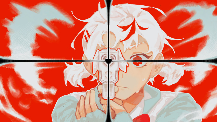 1girl, aiming, aiming_at_viewer, closed_mouth, commentary, english_commentary, fingerless_gloves, gloves