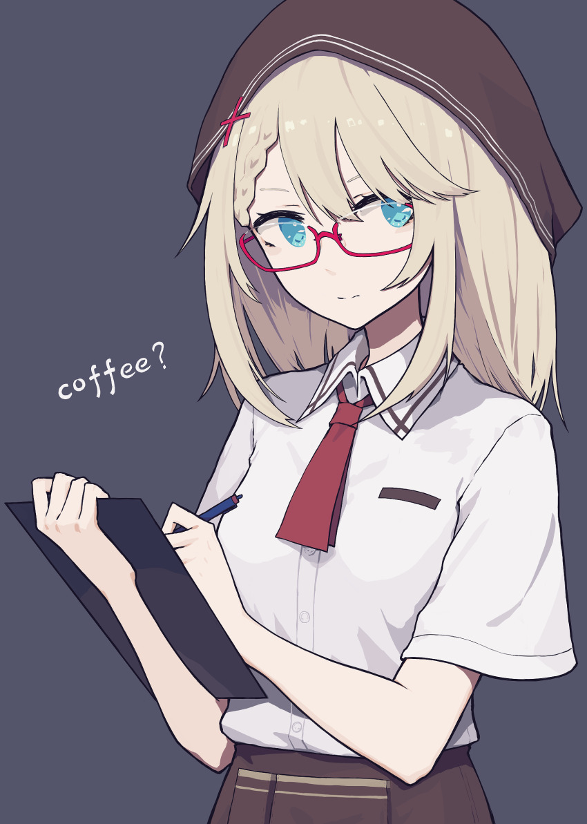 1girl, absurdres, alternate_costume, bespectacled, blonde_hair, blue_eyes, braid, braided_bangs