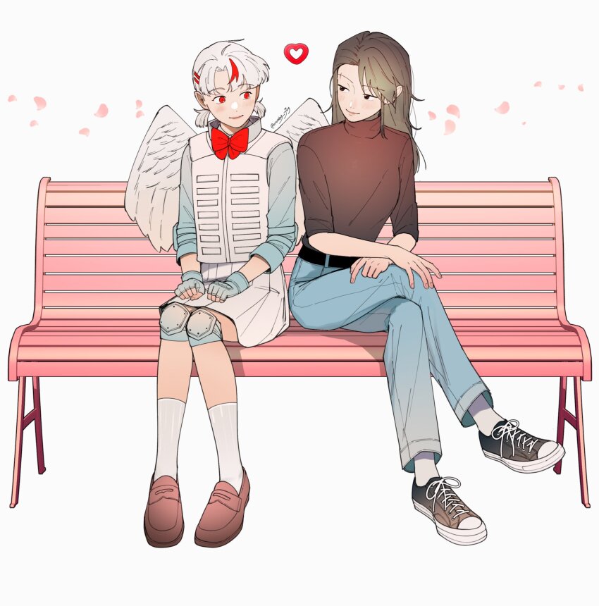 2girls, angel_wings, bench, black_eyes, black_footwear, black_shirt, blue_gloves, blue_pants, blue_shirt, bow, bowtie, brown_footwear, brown_hair, commentary, crumby_joy, denim, falling_petals, fingerless_gloves, gloves, heart, highres, jeans, knee_pads, koharu_(love-bullet), loafers, long_hair, long_sleeves, love-bullet, multicolored_hair, multiple_girls, pants, park_bench, petals, red_bow, red_bowtie, red_eyes, red_hair, shirt, shoes, short_twintails, sitting, skirt, smile, socks, streaked_hair, tamaki_aki, twintails, vest, white_hair, white_skirt, white_socks, white_vest, wings, yuri