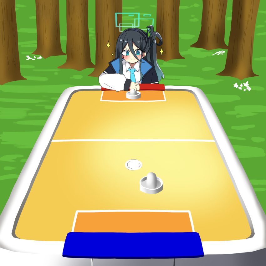 1girl, air_hockey, air_hockey_table, aqua_eyes, aqua_necktie, aris_(blue_archive), black_hair, black_jacket