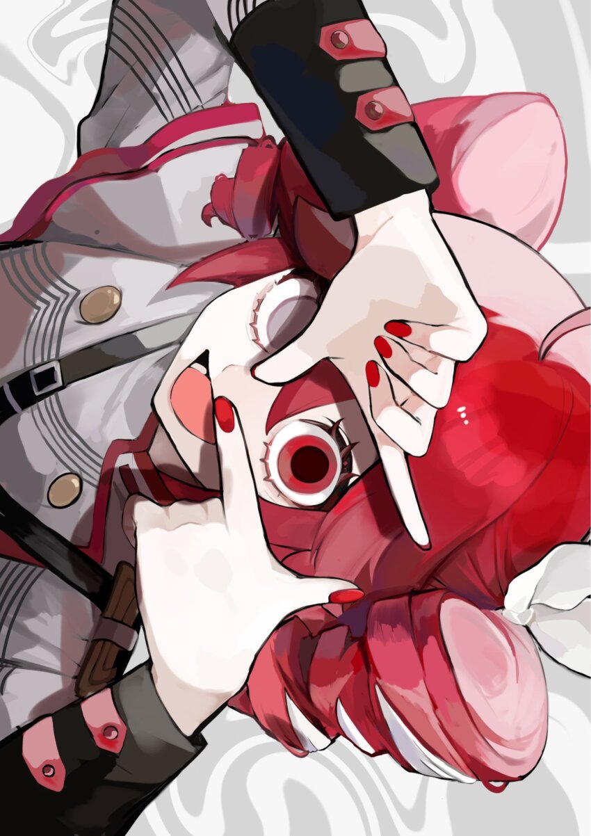 1girl, ahoge, awadama_1225, bow, drill_hair, finger_frame, finger_frame_over_eye, grey_eyes