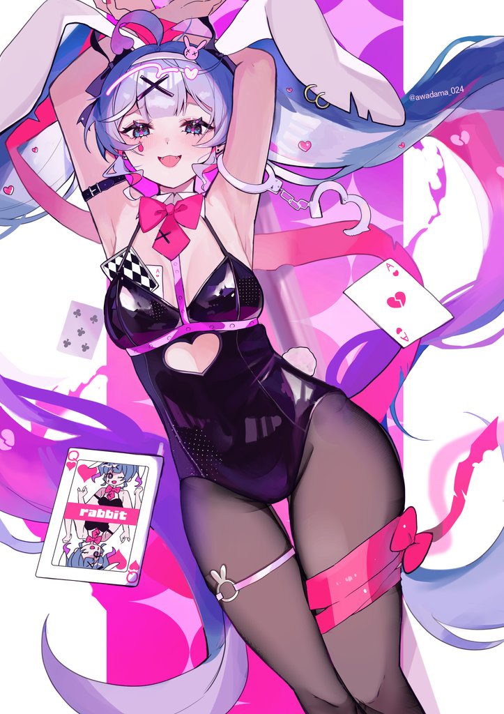 1girl, ahoge, animal_ears, armpits, arms_up, awadama_1225, bare_shoulders, black_leotard, blue_eyes, blue_hair, bound, bound_wrists, bow, bowtie, breasts, brown_pantyhose, card, clothing_cutout, detached_collar, facial_mark, fake_animal_ears, fake_tail, fangs, feet_out_of_frame, groin, hair_ornament, hatsune_miku, heart_cutout, leotard, long_hair, looking_at_viewer, open_mouth, pantyhose, pink_ribbon, playboy_bunny, playing_card, rabbit_ears, rabbit_hole_(vocaloid), rabbit_tail, ribbon, small_breasts, smile, solo, tail, teardrop_facial_mark, thigh_strap, twintails, twitter_username, very_long_hair, vocaloid, x_hair_ornament