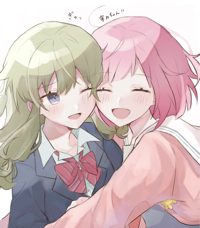 2girls, awadama_1225, black_jacket, blazer, blush, bow, bowtie, cheek-to-cheek